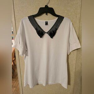 White Blouse with Black Lace Collar